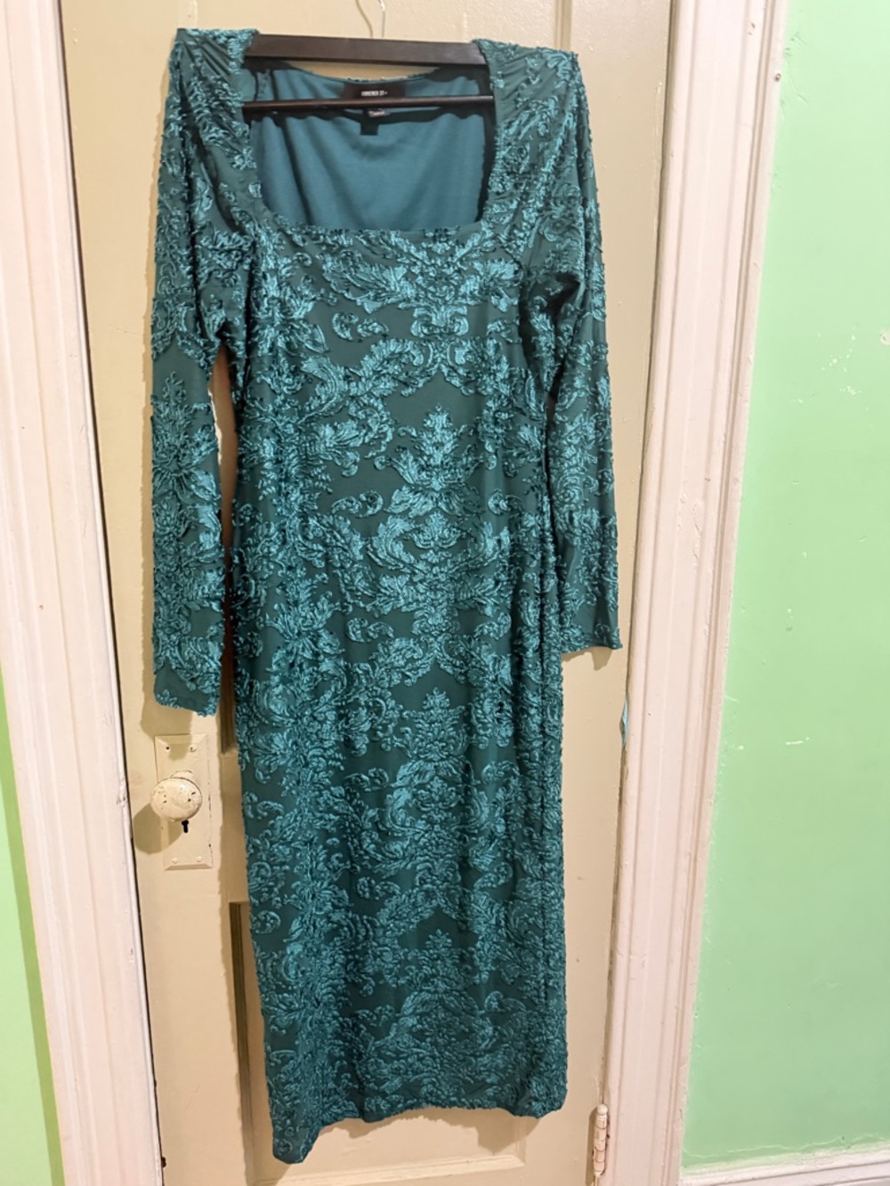 Forever 21 Teal Embossed Long Sleeve Square Neck Dress